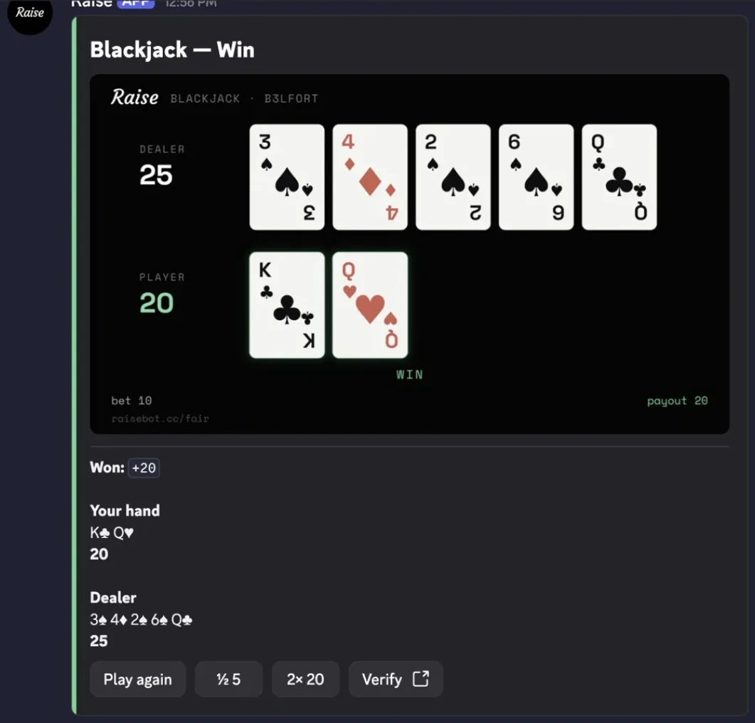 Blackjack inside a real Discord message