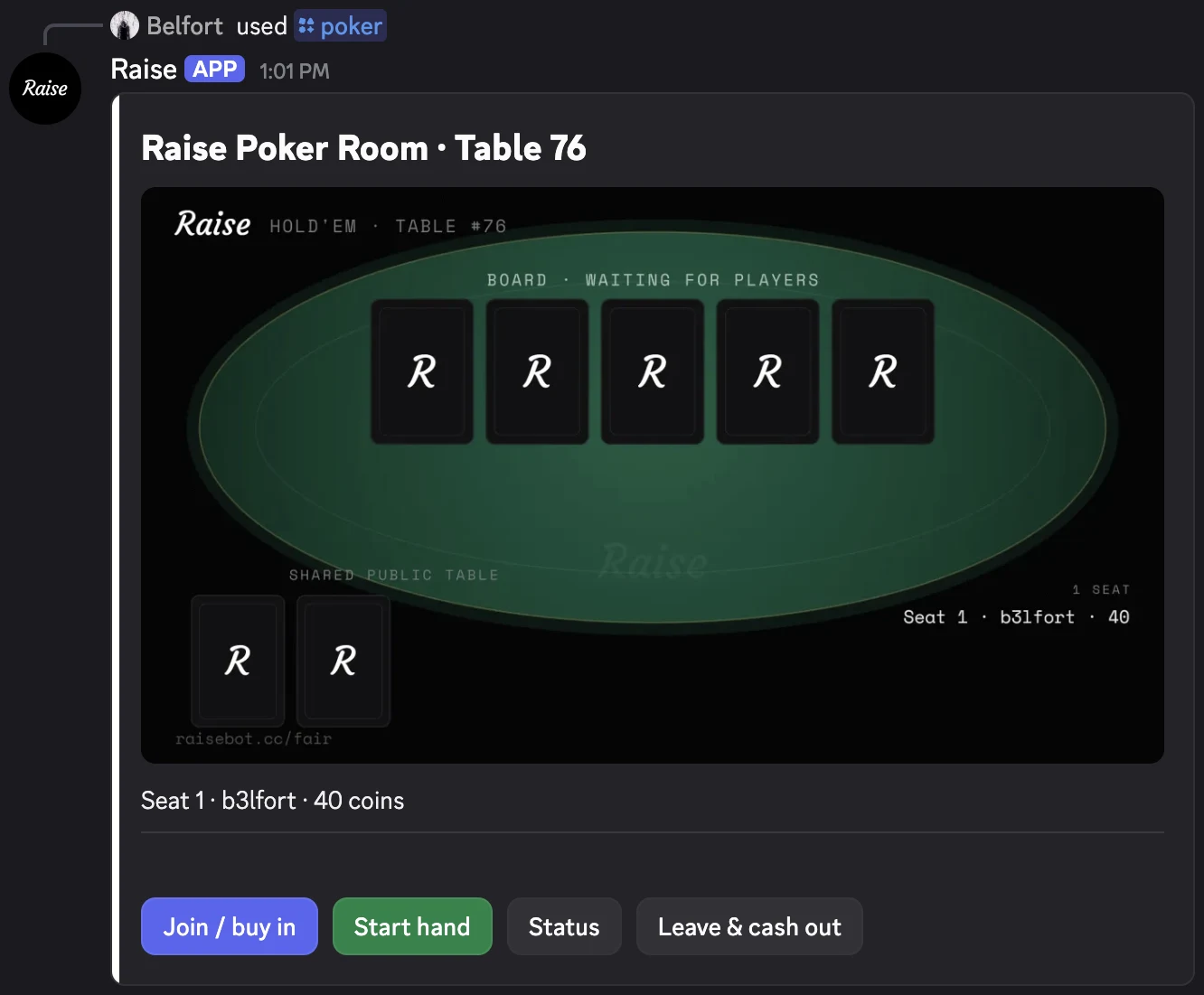 Texas Hold'em inside a real Discord message