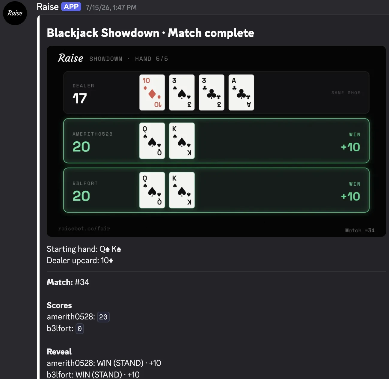 Blackjack Showdown inside a real Discord message