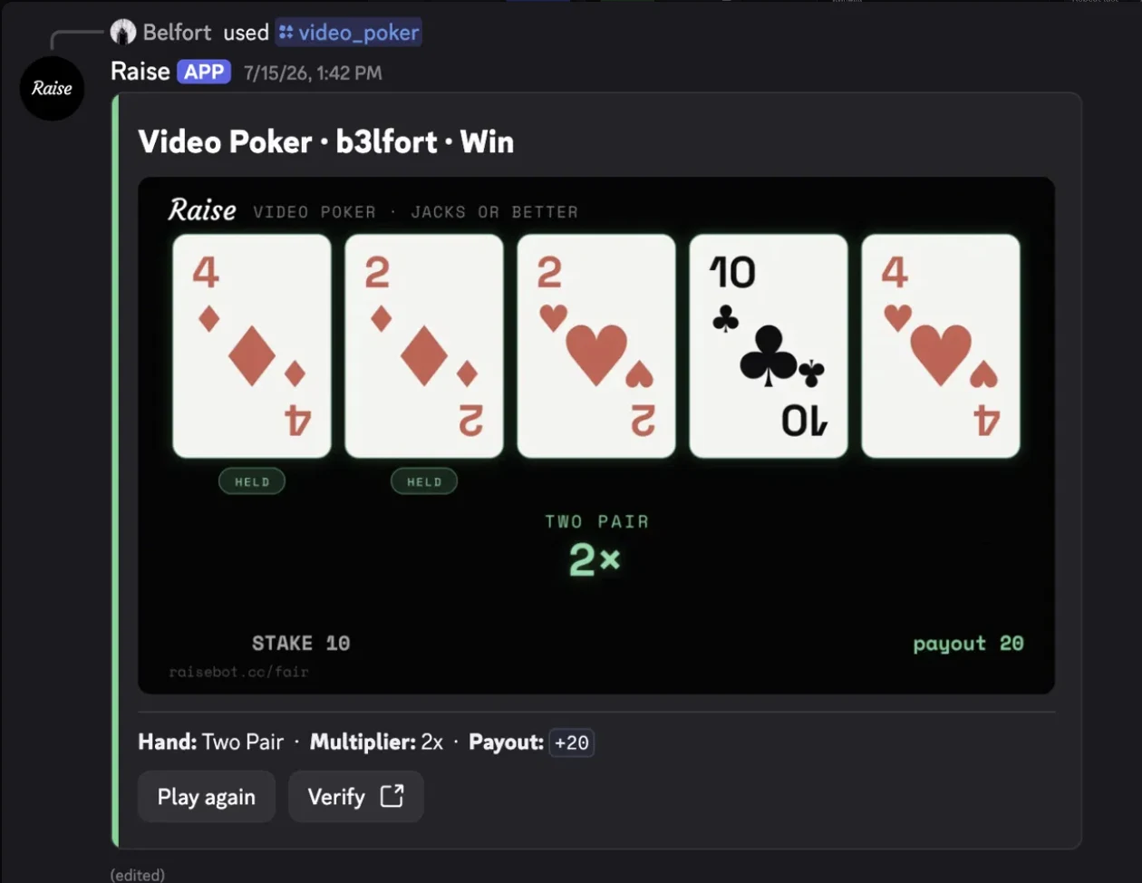 Video Poker inside a real Discord message