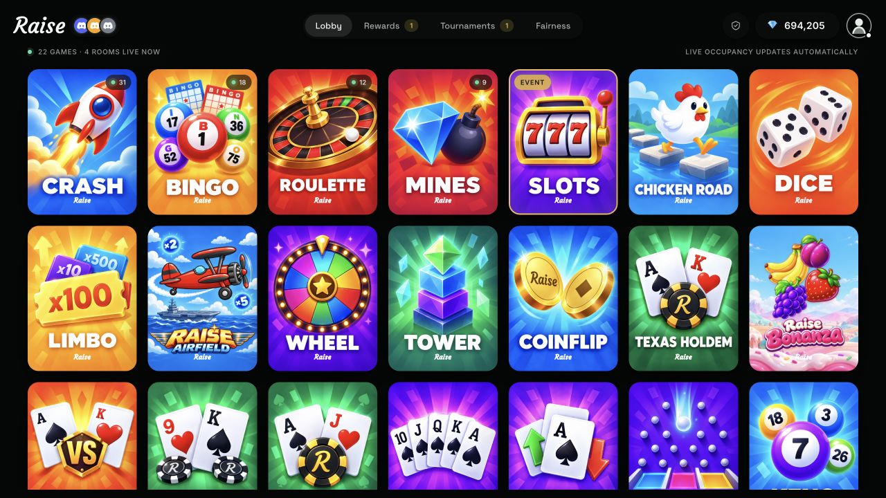 Raise casino floor inside a Discord Activity, with games, friends, daily progress, and a live tournament