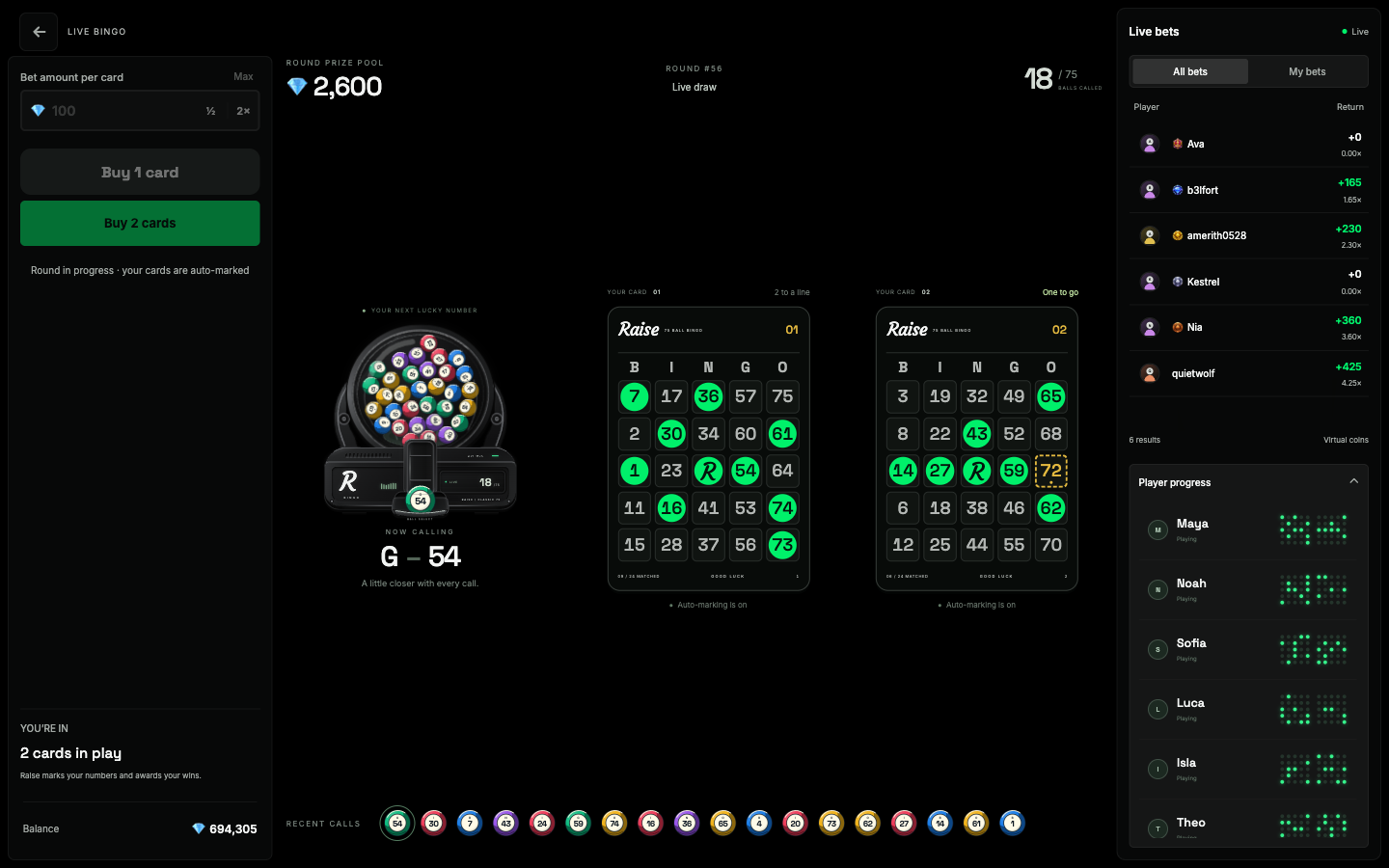 Live Bingo in the Raise Activity