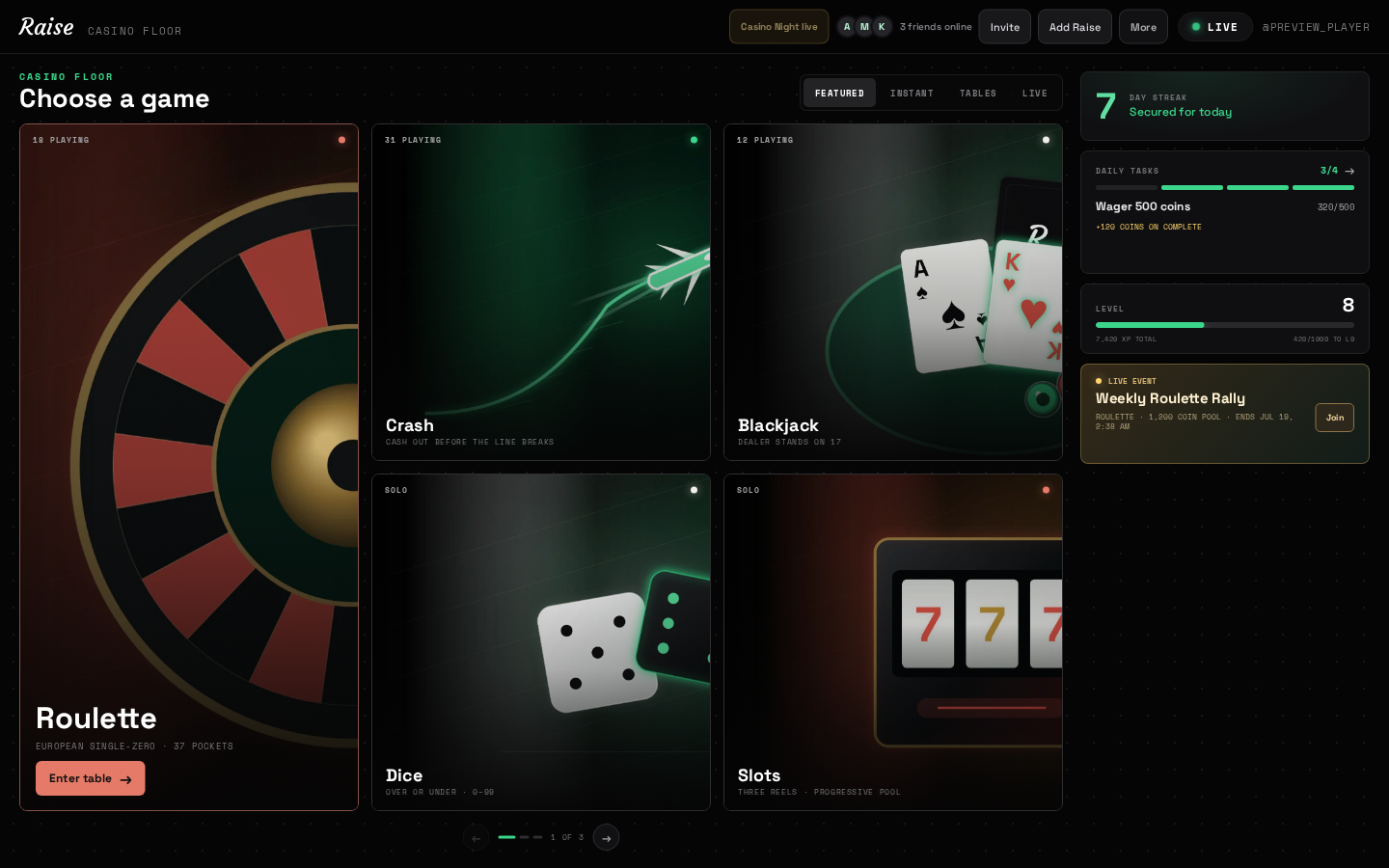 Raise Activity lobby during a Casino Night with friends online