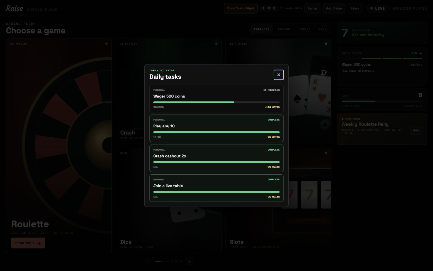 Raise Activity daily tasks panel showing personal goals, progress, and virtual-coin rewards