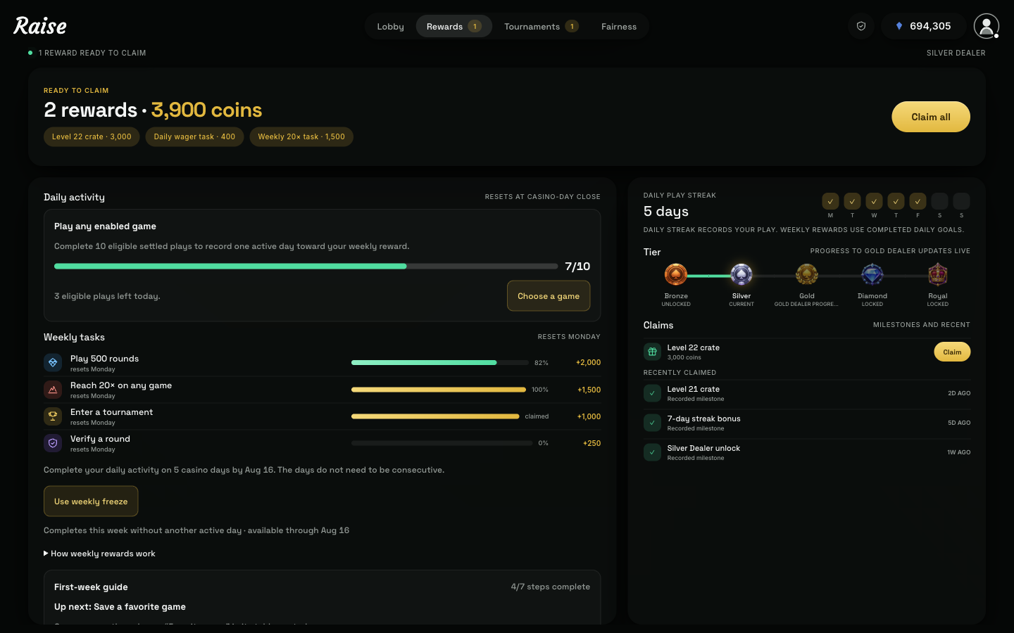 Raise Activity daily tasks panel showing personal goals, progress, and virtual-coin rewards