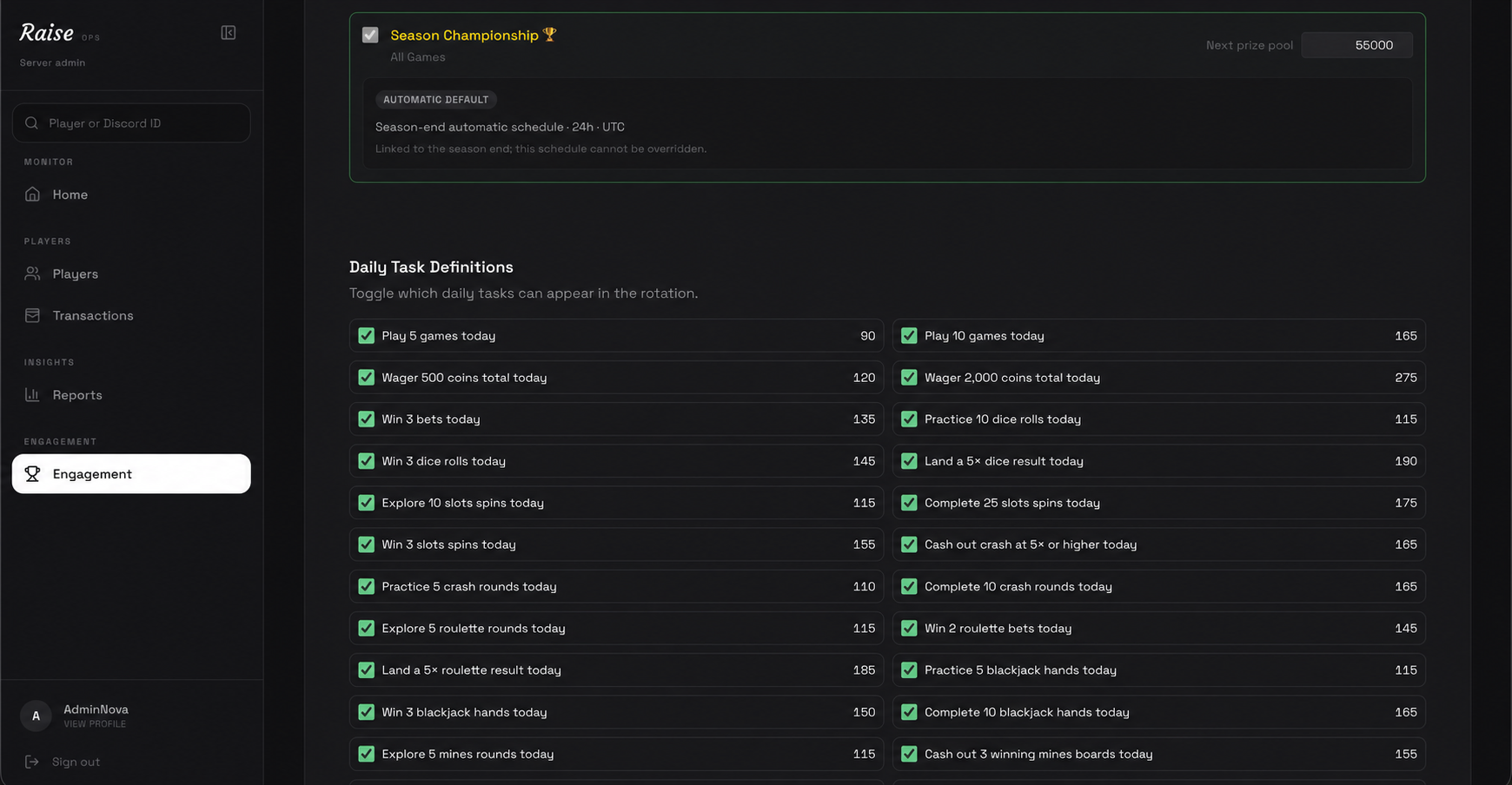 Sanitized Raise daily task definitions with enabled tasks and virtual-coin rewards