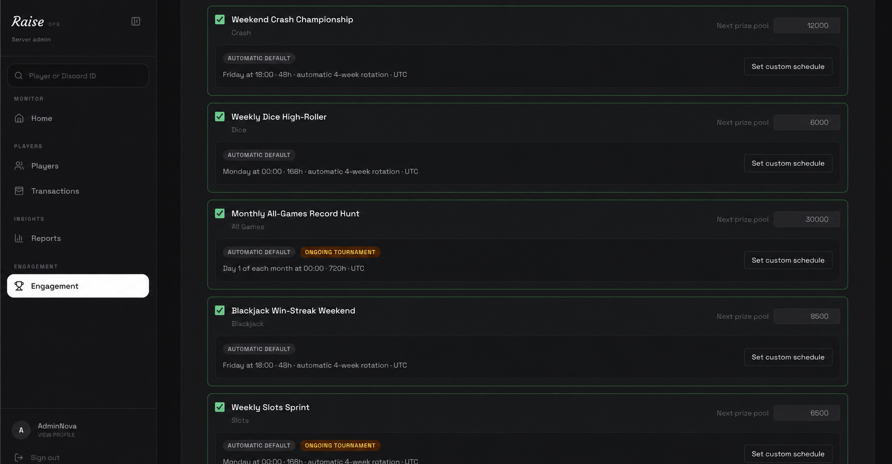 Sanitized Raise tournament template controls with prize pools and schedule options