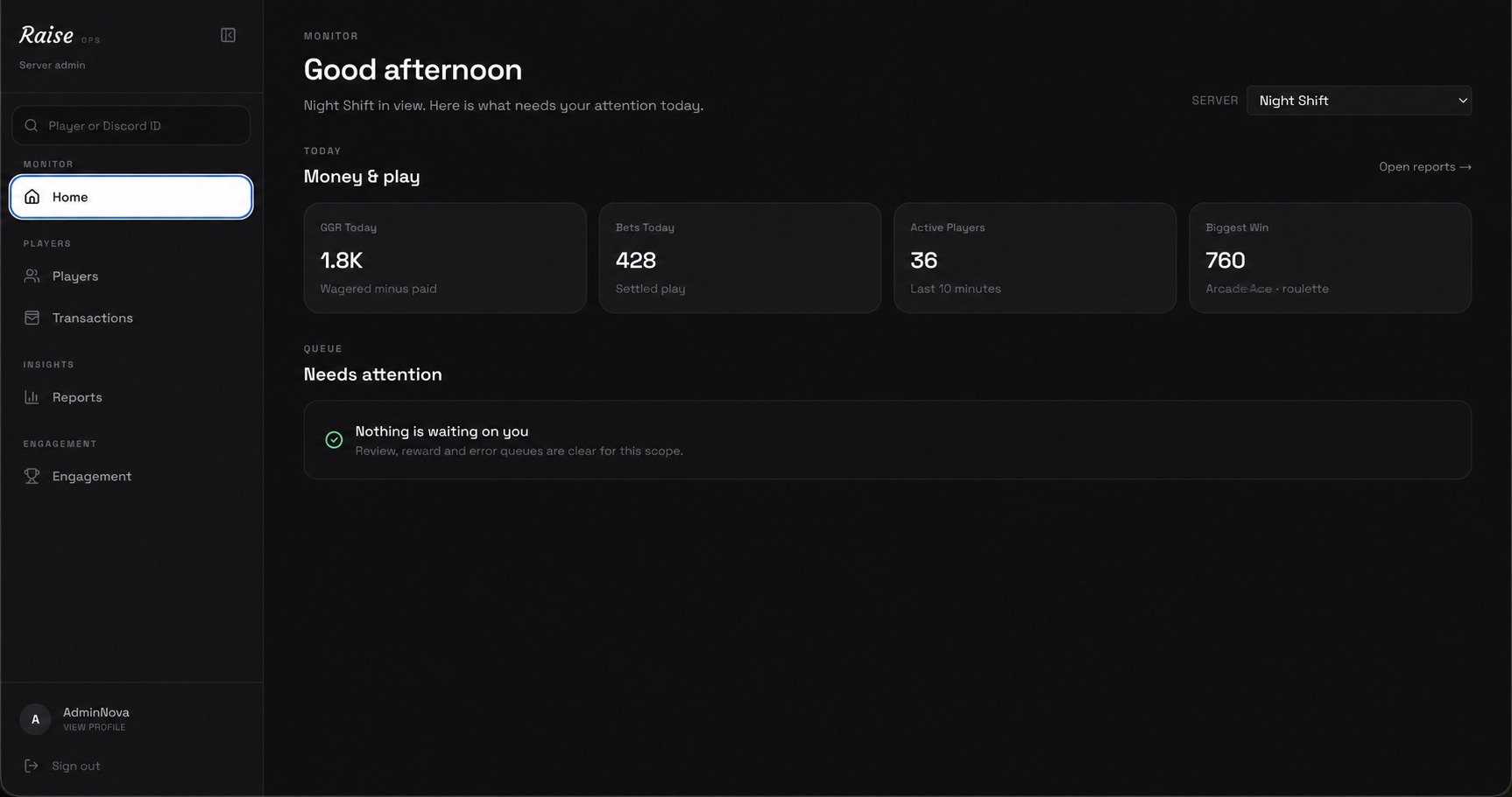 Sanitized Raise server overview showing daily play metrics and an empty attention queue