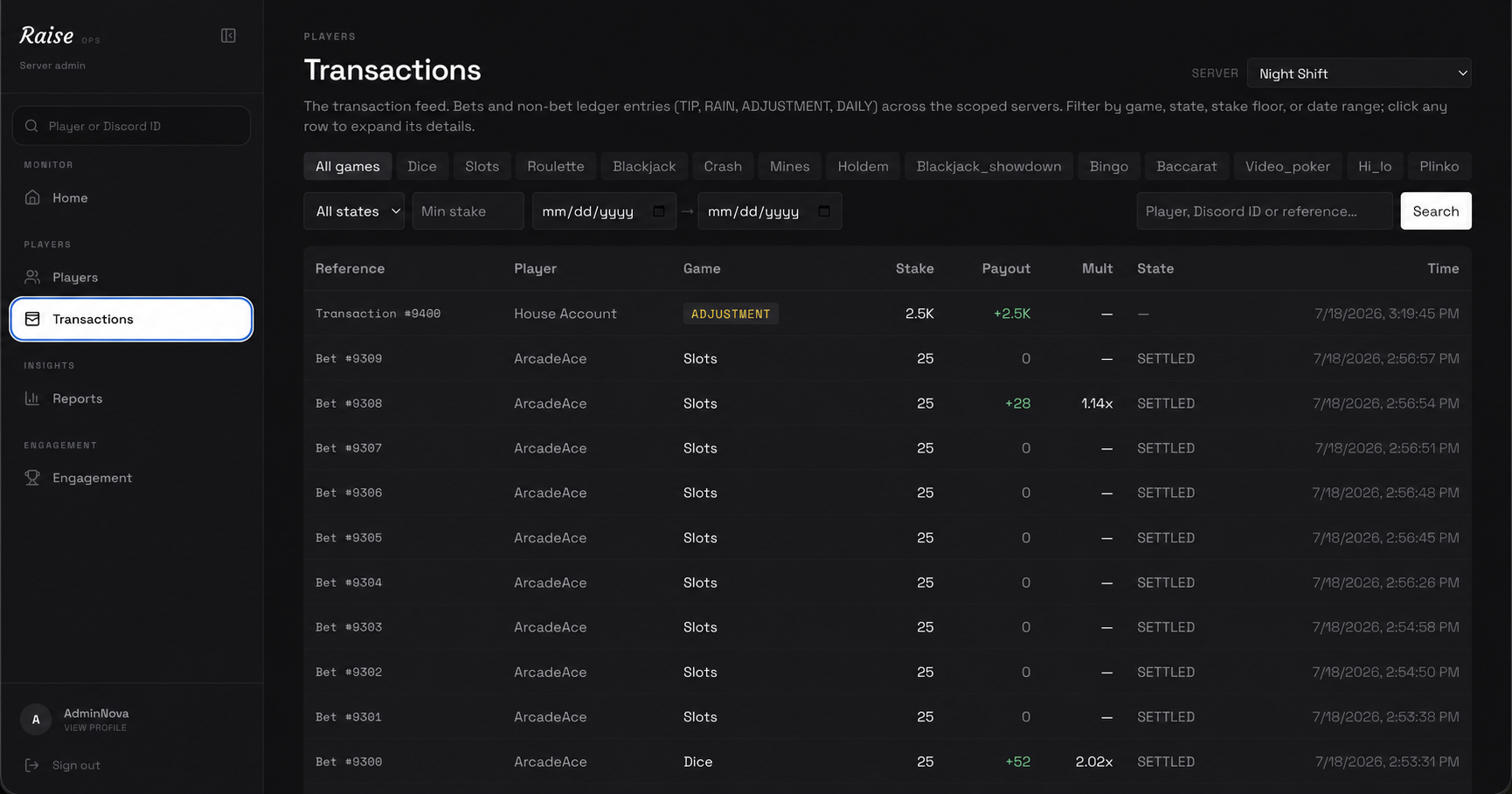 Sanitized Raise transaction feed with filters and settled virtual-coin plays